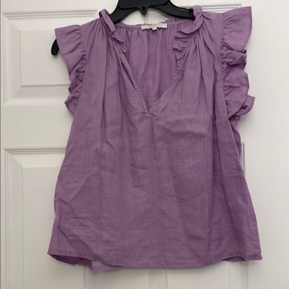 Olivaceous Tops - Linen Lavender Ruffle Sleeve Women's Top by olivaceous